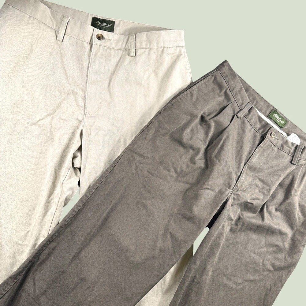 Lot of 2 Eddie Bauer Pants Men 35 Khaki Brown 100% Cotton Chino/Pleated Work